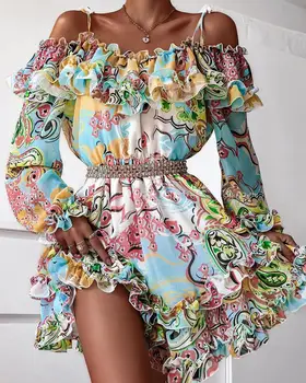 Летнее мини-платье Женское с открытыми плечами, оборками, подолом с графическим принтом, платье