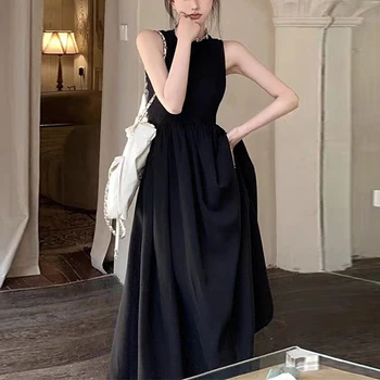Летнее офисное женское платье на бретелях, винтажные черные платья без рукавов, Элегантное длинное платье с открытой спиной во французском стиле, Vestidos 28138