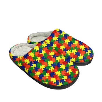 Модные хлопчатобумажные тапочки на заказ, мужские и женские сандалии для повышения осведомленности об аутизме, плюшевая повседневная обувь для согревания, термоудобные тапочки