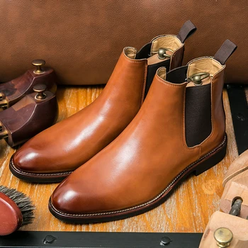 Мужские ботинки Челси в британском ретро с высоким берцем, коричневая кожаная обувь, мужская официальная обувь, повседневные деловые ботинки, мужские ботинки bota masculina