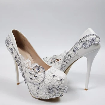 Новинка 2024 года, женские белые свадебные туфли на платформе, кружевные вечерние туфли с круглым носком в цветочек, высокие туфли-лодочки на тонком каблуке 14 см со стразами