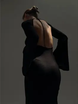 Облегающее Французское сексуальное длинное платье с открытой спиной, вязаное тонкое, Осень / Зима 2023, Европейская и американская модная одежда для стриптизеров