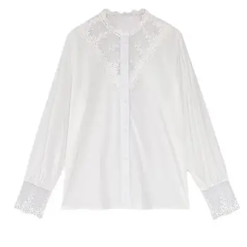 Однобортная блузка с цветочной вышивкой, кружевная женская рубашка в стиле пэчворк, элегантный воротник-стойка, мягкая весенне-осенняя блузка-топ для Ol