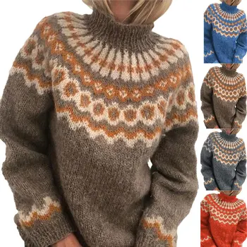 Осенне-зимняя мода Контрастные цвета Женский свитер с высоким воротом Повседневные Свободные женские теплые свитера жаккардового переплетения с длинным рукавом