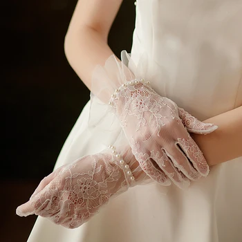 Перчатки для платья невесты, жемчужные кружевные сетчатые перчатки с рюшами по краям, женские перчатки для свадебного банкета, выпускного вечера, косплея, вечерние Варежки, Аксессуар
