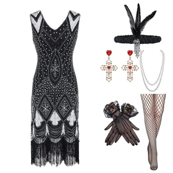Платье Gatsby Женское С Глубоким V-образным вырезом, Модное Банкетное вечернее платье с V-образным вырезом из Бисера 1920-х годов, Винтажное Облегающее платье с блестками И Кисточками