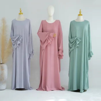 Под Абайей Внутреннее длинное платье-комбинация, Однотонные манжеты, исламская одежда, Повседневная мусульманка, скромный халат Хиджаби в стиле дубайского турка