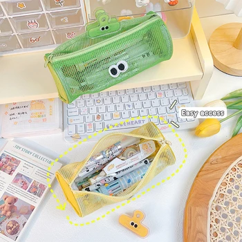 Прозрачный сетчатый пенал Cute Big Eyes Kawaii Simple, сумка для хранения канцелярских принадлежностей большой емкости, школьные принадлежности, чехол для карандашей