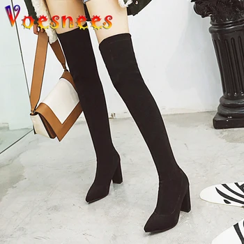 Сапоги с эластичным носком длиной 8,5 см, пикантная женская обувь выше колена с острым носком, большие размеры, осень-зима, новые плюшевые теплые сапоги на высоком каблуке