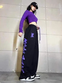 Фиолетовые спортивные штаны женские Y2k, уличная одежда, широкие брюки, повседневные хип-хоп Корейские гранжевые хипповские крутые брюки, эстетика 90-х годов