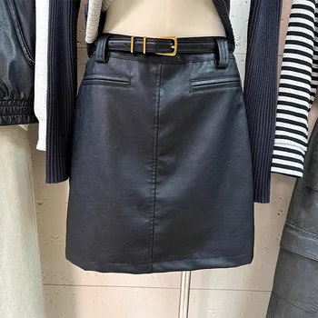 Черная мини-юбка из искусственной кожи, женские Корейские модные прямые Сексуальные юбки-трапеции с высокой талией, женские Осенне-зимние Новые