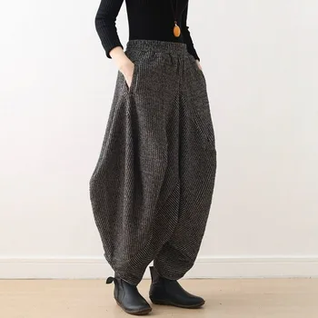 шерстяные осенне-зимние новые дизайнерские теплые полосатые трикотажные шаровары в стиле ретро с широкими штанинами, толстые Свободные женские брюки