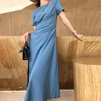 Элегантное синее платье Женское Французское Ретро Дизайнерское Корейское приталенное шикарное цельное платье Женские повседневные вечерние платья Макси на лето 2021 г.