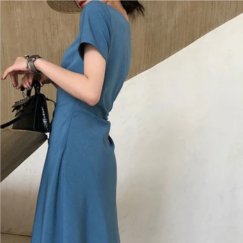 Элегантное синее платье Женское Французское Ретро Дизайнерское Корейское приталенное шикарное цельное платье Женские повседневные вечерние платья Макси на лето 2021 г.